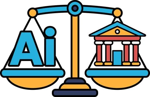 A scale with the letters AI on one side and a building on the other Ilustración de archivo