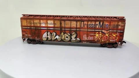 Scale model of box car wagon railroad car with weathering effects Stock Footage 329321718