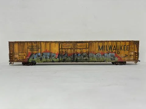Scale model of box car wagon railroad car with weathering effects Stock Photos