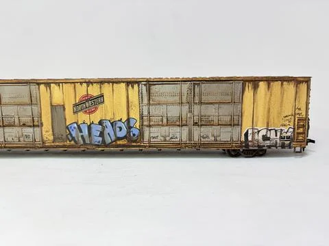 Scale model of box car wagon railroad car with weathering effects Fotos Stock
