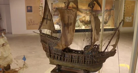 Scale Model Of A Historical 15th Century Carrack Ship Resembling The Santa Stock Footage 345363285