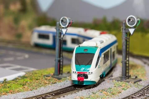Scale model train on plastic Fotos de archivo