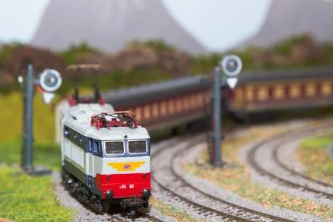 Scale model train on plastic Fotos de archivo