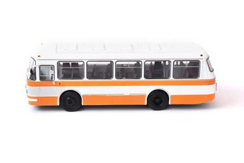 Scale model of a white yellow Russian bus. Toy yellow bus Stock Photos