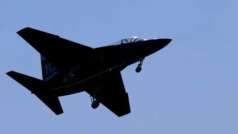 Scale RC Jet Leonardo M-346 Gear Down Pass Clear Sky Tracking Shot Stock Footage 334293439