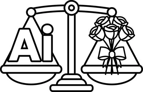 A scale with a rose bouquet on one side and the letters AI on the other Stock Illustration