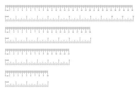 Scale, ruler with 4, 6, 8, 12 inches and 10, 15, 20, 30 centimetre. Ilustração Stock
