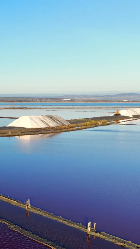 Scale of salt mound within vast saltern, Pomorie, Bulgaria Vertical video. Stock Footage 338007308