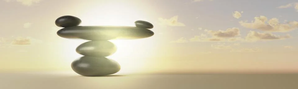 Scale with stack of black pebbles in balance with water on sunset background  Stock Illustration