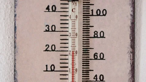 Scale on a thermometer. Thermometer with Celsius and Fahrenheit scale on wall Video stock 93018652