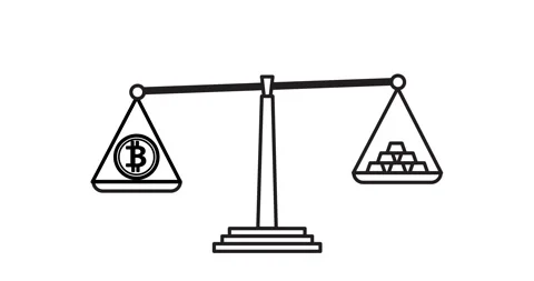 Scale tilts, showing Bitcoin and gold comparison Video stock 330928358