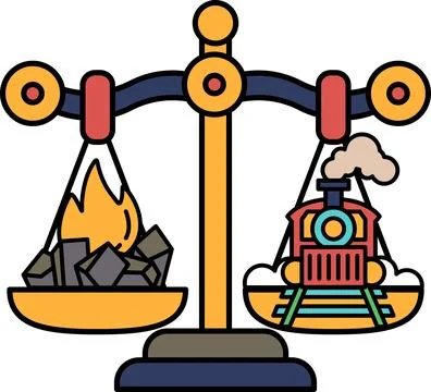 A scale with a train on one side and a pile of coal on the other Stock Illustration
