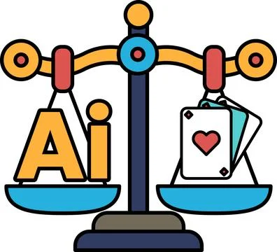 A scale with the word AI on one side and a deck of cards on the other Stock Illustration