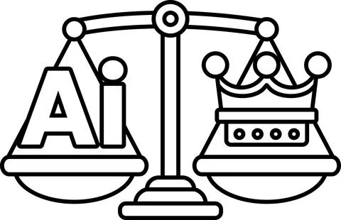 A scale with the word AI on one side and a crown on the other Stock Illustration