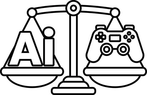 A scale with the word AI on one side and a video game controller on the other Stock Illustration