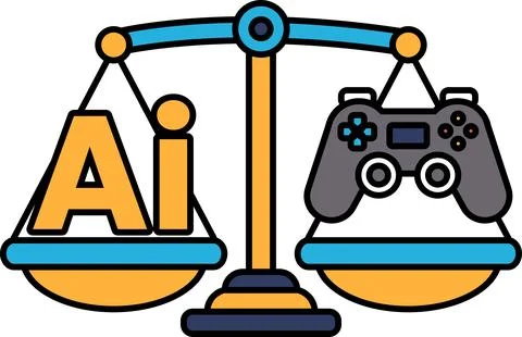 A scale with the word AI on one side and a video game controller on the other Stock Illustration