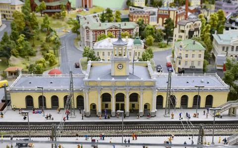 A scaled-down model of the railway station building with a clock tower Stock Photos