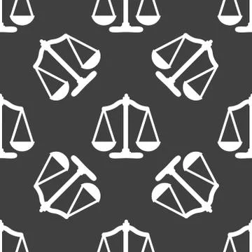 Scales balance web icon. flat design. Seamless gray pattern. Stock Illustration