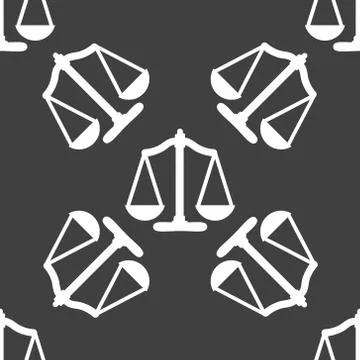 Scales balance web icon. flat design. Seamless gray pattern. Stock Illustration