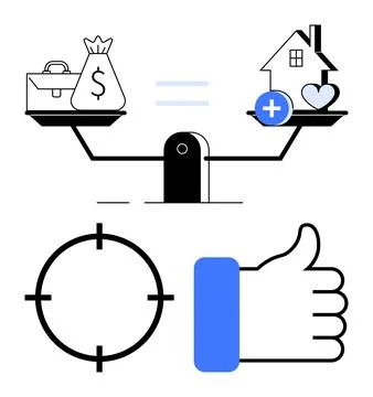 Scales balancing money and briefcase with house and heart, emphasizing work-l 스톡 일러스트
