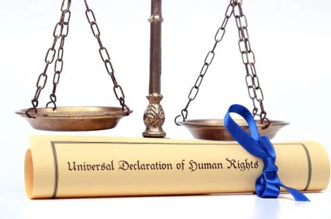Scales of justice and The Universal Declaration of Human Rights. Foto stock