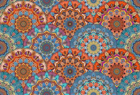 Scales pattern blue orange flower mandalas Stock Illustration