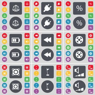 Scales, Socket, Percent, Battery, Rewind, Videotape, Speaker, Golf hole, Volume Illustrazione stock