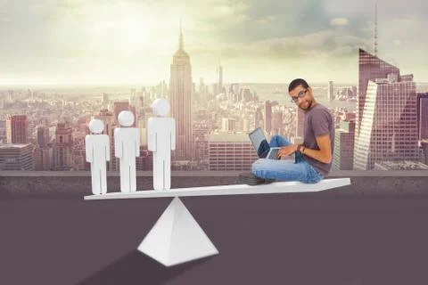 Scales weighing hip man using laptop and stick men 스톡 일러스트