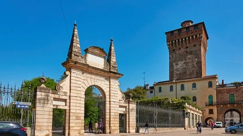 Scaliger Tower of Porta Castello and entrance to park Salvi gardens. Valmaran Stock Footage 115572988