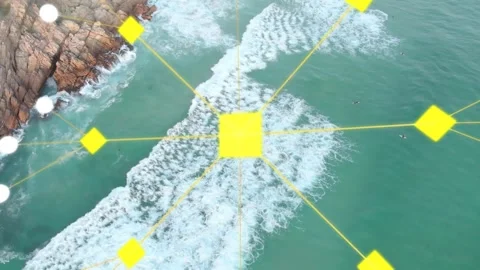 Scaling animated yellow square moving over turquoise sea with diagonal wave, Stock Footage 332428842