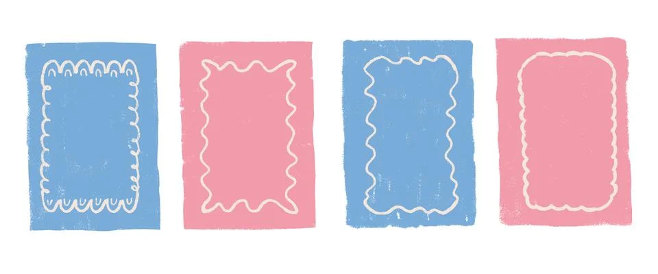 Scallop rectangle frames hand drawn by pencil set. Wavy freehand borders by 库存插图