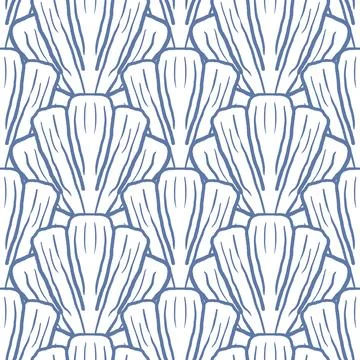 Scallop repeat pattern vector blue and white shells beach pattern coastal b.. Stock Illustration