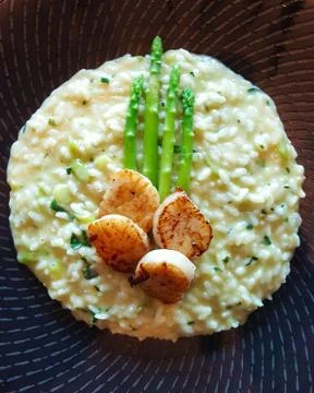 Scallop risotto on black background Stock Photos