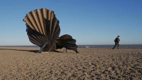 The Scallop sculpture, dedicated to Benjamin Britten on the beach at Aldeburgh Stock Footage 70324187
