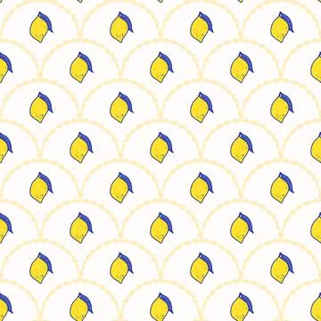 Scallop seamless pattern crayon lemons. Yellow summer fruit design for textiles, Stock Illustration