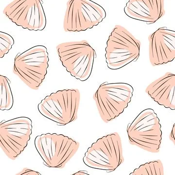Scallop seamless pattern in line art style. Undersea background design of Stock Illustration
