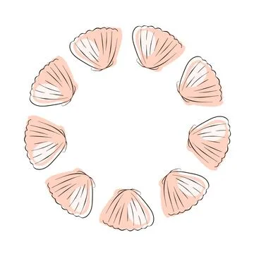 Scallop seashell wreath in flat style. Shell underwater design for seafood Illustrazione stock