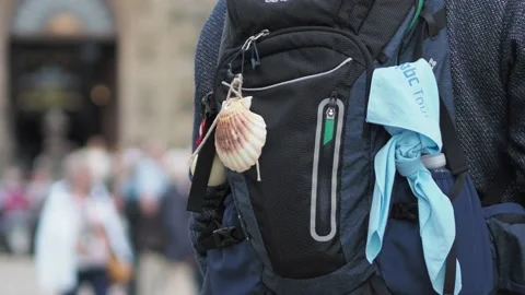 Scallop shell in backpack in Santiago de Compostela, Galicia (Spain) Stock Footage 142051748