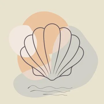 Scallop shell on blobs background. Shellfish delicacy silhouette in thin lines Illustrazione stock
