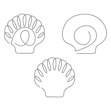 Scallop shell illustration set drawn by one line. Minimalist style vector Stock Illustration