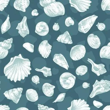 Scallop shell motif seamless pattern in white on teal backdrop, hand drawn line Stock Illustration
