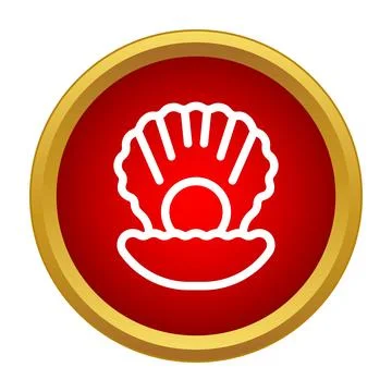 Scallop shell opening with pearl icon on red background Stock Illustration