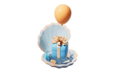 Scallop shell underwater with gift box inside, 3d rendering. Illustrazione stock
