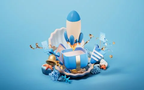 Scallop shell underwater with gift box inside, 3d rendering. Illustrazione stock