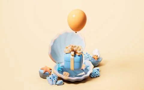 Scallop shell underwater with gift box inside, 3d rendering. Stock Illustration