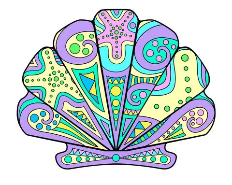 Scallop shell - vector linear full color zentangle illustration Illustrazione stock