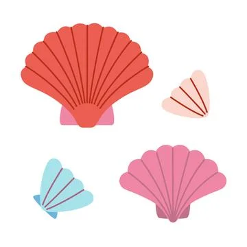 Scallop shells with ribbed texture, Pectinidae. Marine collection for seafo.. Stock Illustration