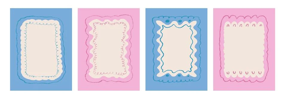 Scallop text boxes frames pencil hand drawn set. Wavy groovy rectangle pictures Stockillustratie