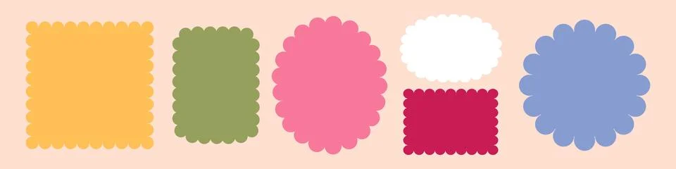 Scallop wavy frame set. Vector illustration of curvy circle, oval, and rect.. 库存插图