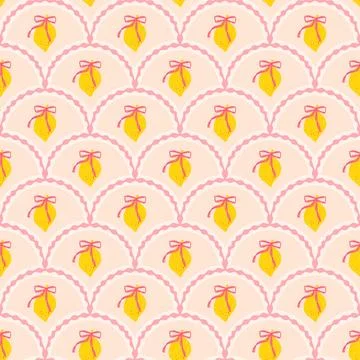 Scallop whimsical pattern. Lemon bow seamless pattern. Summer fruit design for Illustrazione stock